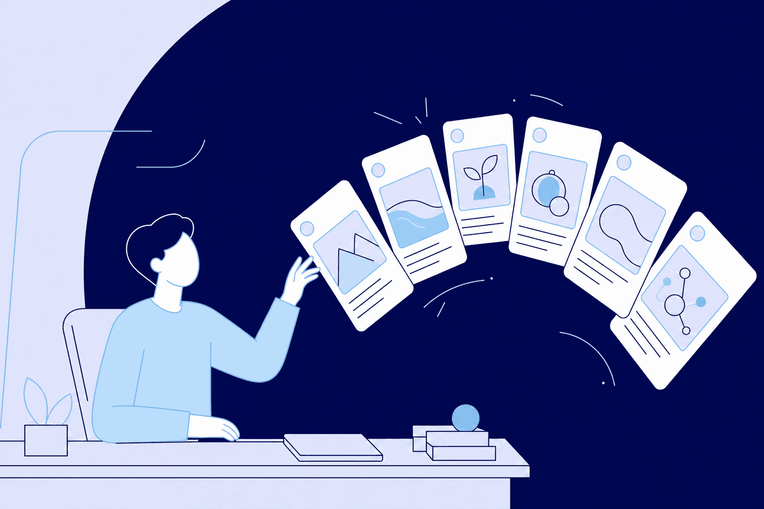 Una persona compone un blog de guías sobre farmacia digital, con tarjetas de artículos flotando como un feed editorial