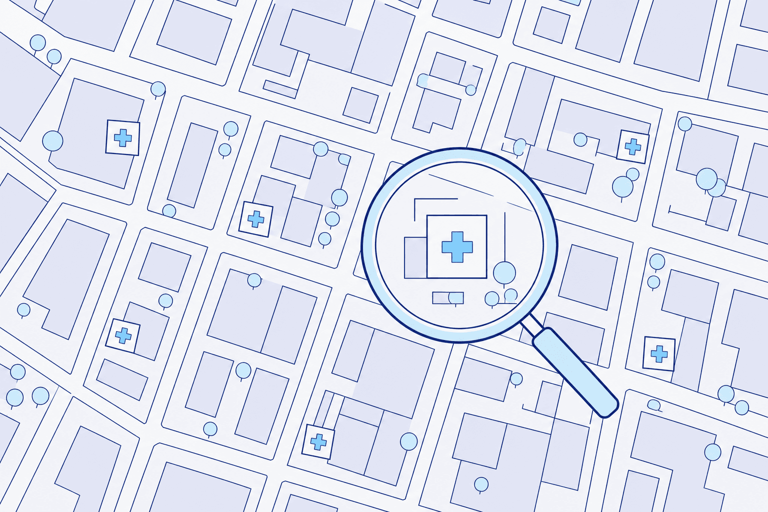 Un mapa de la ciudad con varias farmacias y una lupa que selecciona una