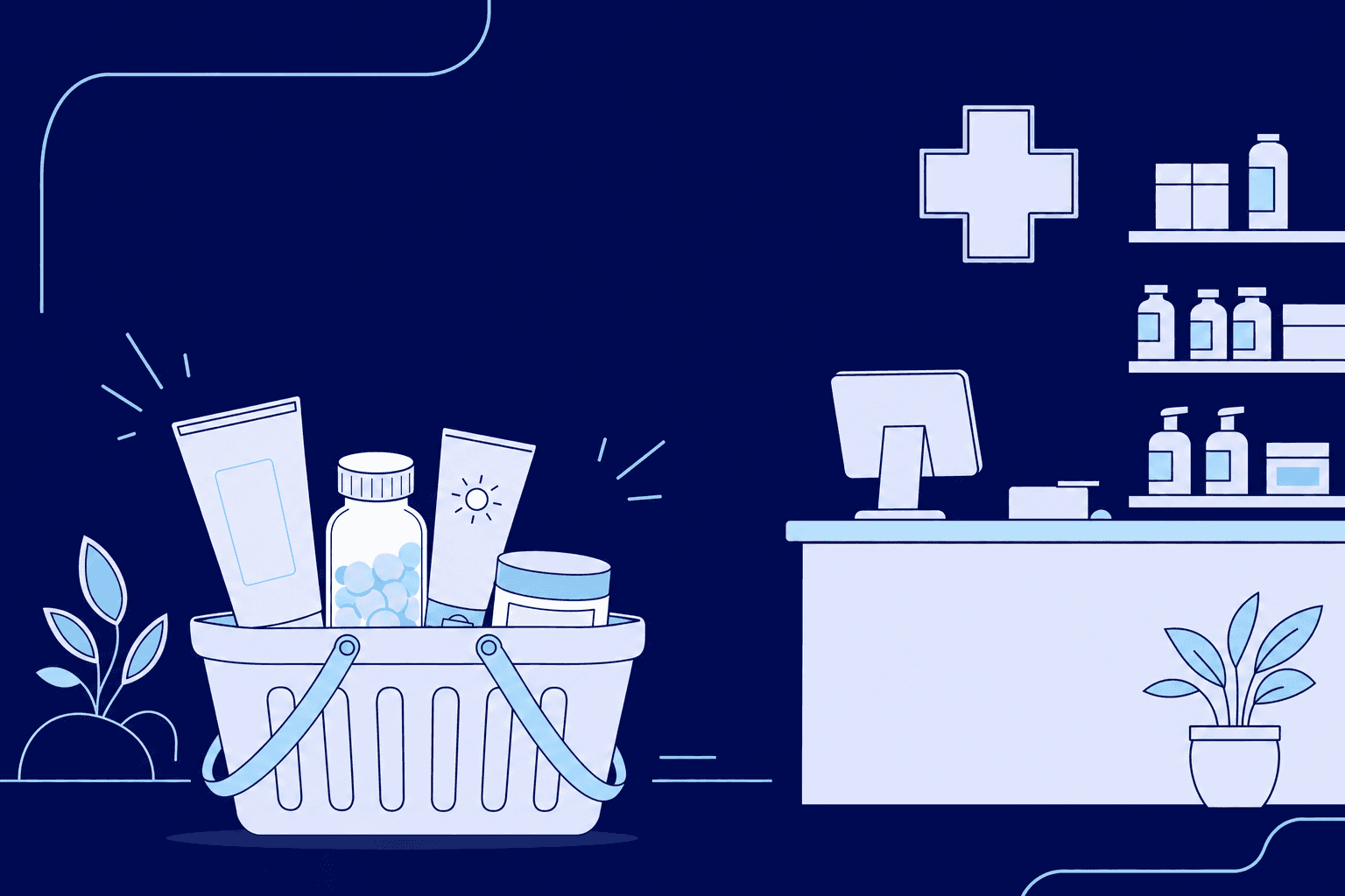 Una cesta de compra con parafarmacia junto al mostrador de una farmacia real del canal oficial