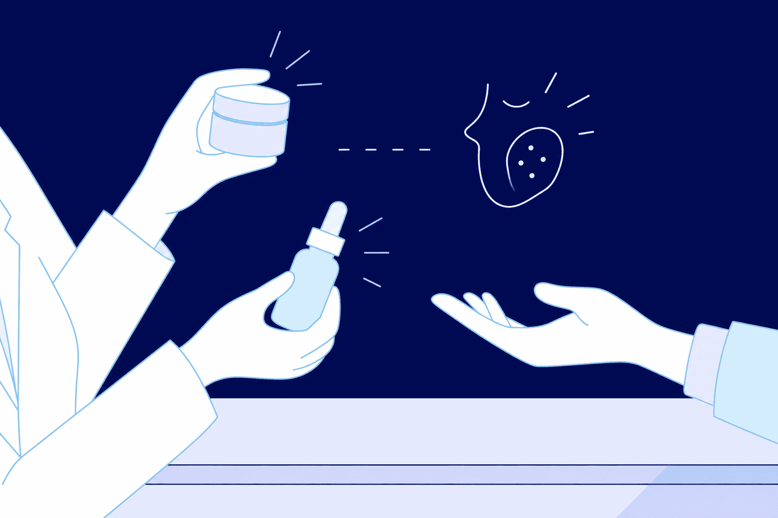 Un farmacéutico recomienda una crema a una clienta según su tipo de piel