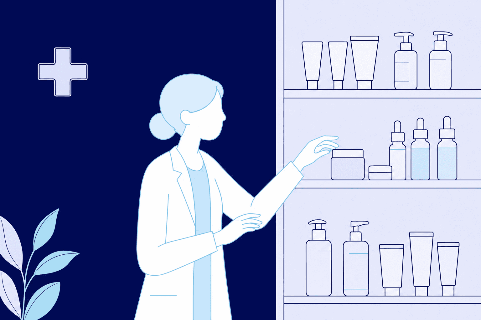 Una persona elige un producto de dermocosmética en la estantería de una farmacia real