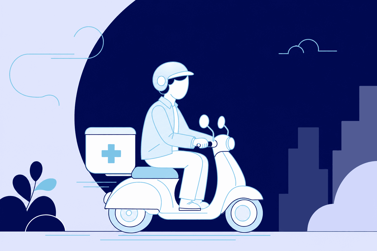 Un repartidor en scooter lleva un paquete de farmacia con una cruz mientras deja atrás una farmacia y unas casas cercanas, símbolo de entrega rápida y local