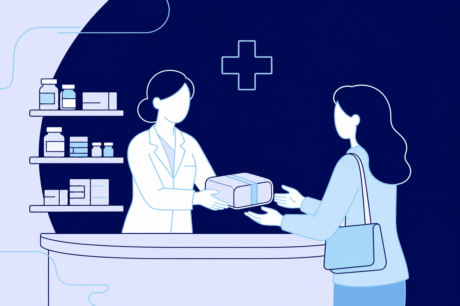 Un farmacéutico entrega por el mostrador un paquete a las manos de un cliente que recoge su pedido online en una farmacia real