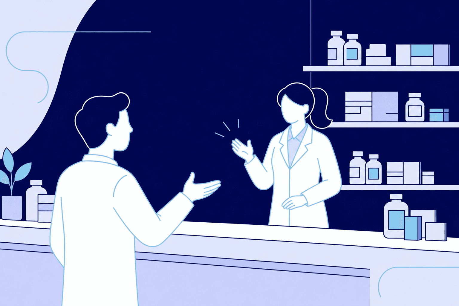 Un fundador de MTRYX y una farmacéutica conversan de forma cercana sobre el mostrador
