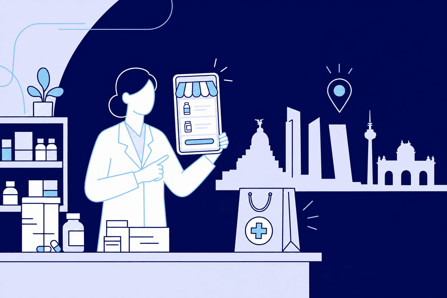 Una farmaceutica de Madrid muestra en una tablet su propia tienda online, con un skyline de Madrid y una bolsa de reparto