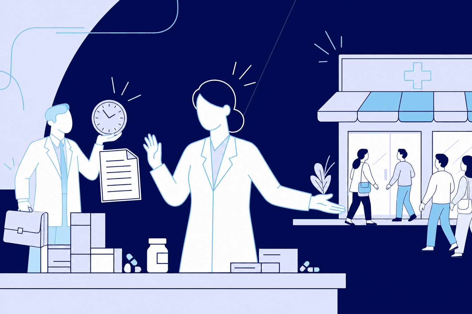 Un farmacéutico rechaza a un comercial de agencia que le tiende una factura mensual y se gira hacia su propia tienda, a la que llegan clientes solos