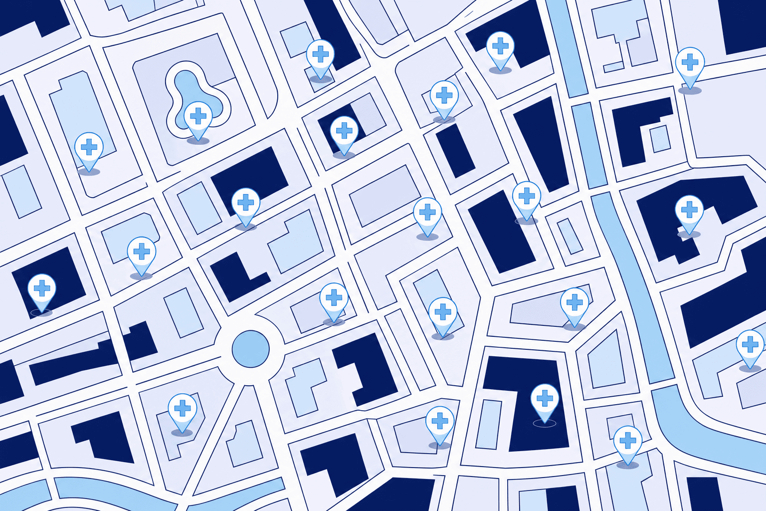 Mapa de Pamplona lleno de farmacias, casi ninguna conectada al canal digital