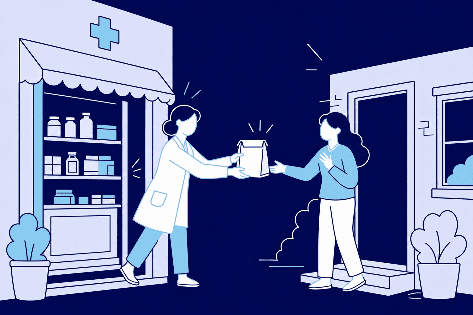 Una farmacéutica entrega un pedido a un cliente en su casa; una lupa sobre la farmacia muestra que está verificada