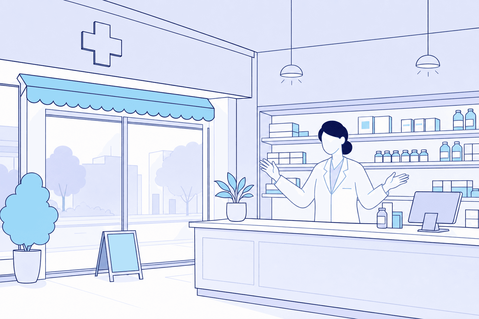 Ilustración de la Farmacia María Aguirre en Pamplona: su fachada con la cruz de farmacia y su farmacéutica titular tras el mostrador, en el estilo de MTRYX