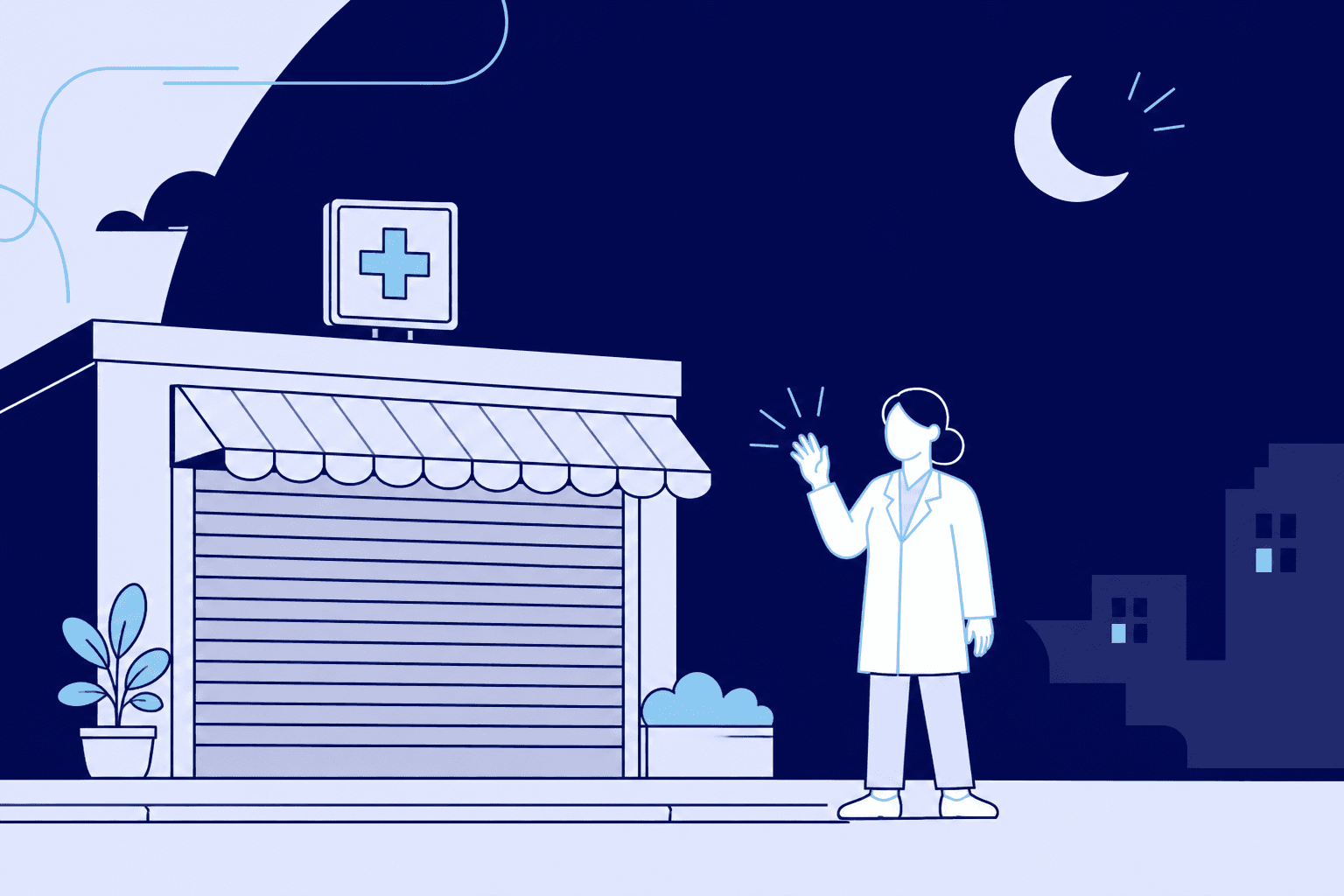 Farmacia cerrada de noche mientras la compra sigue online
