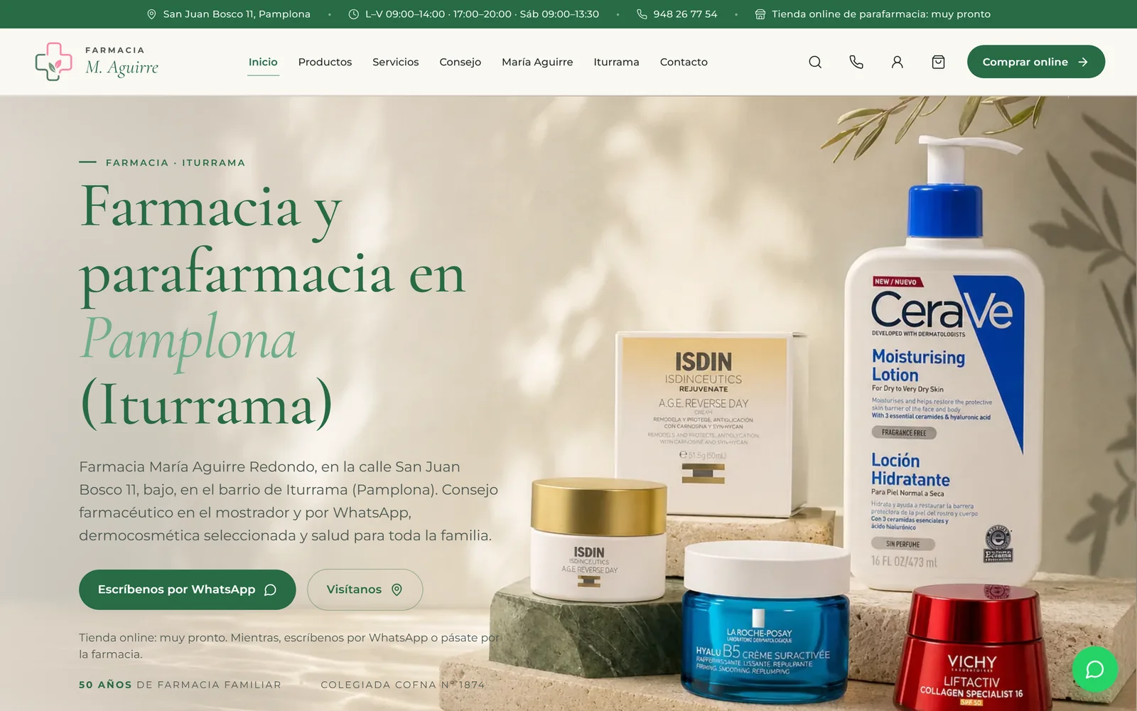 Portada de la web de Farmacia María Aguirre (farmaciamariaaguirre.com)